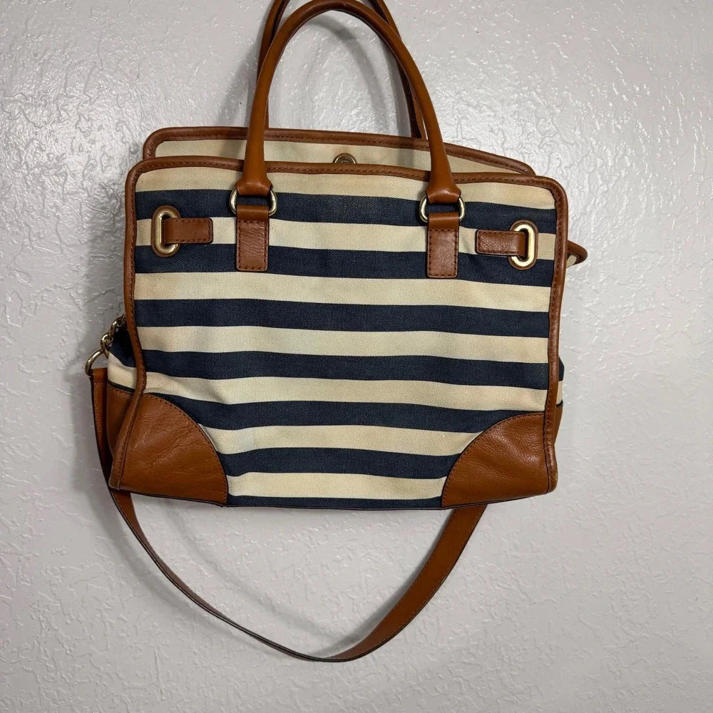 Michael Kors Hamilton Satchel Navy Cream Striped Canvas Leather Trim Handbag